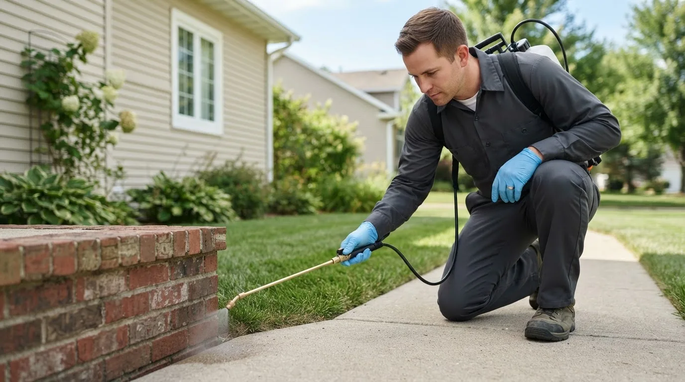 Pest control technician treating a home near Gallatin Gateway, MT